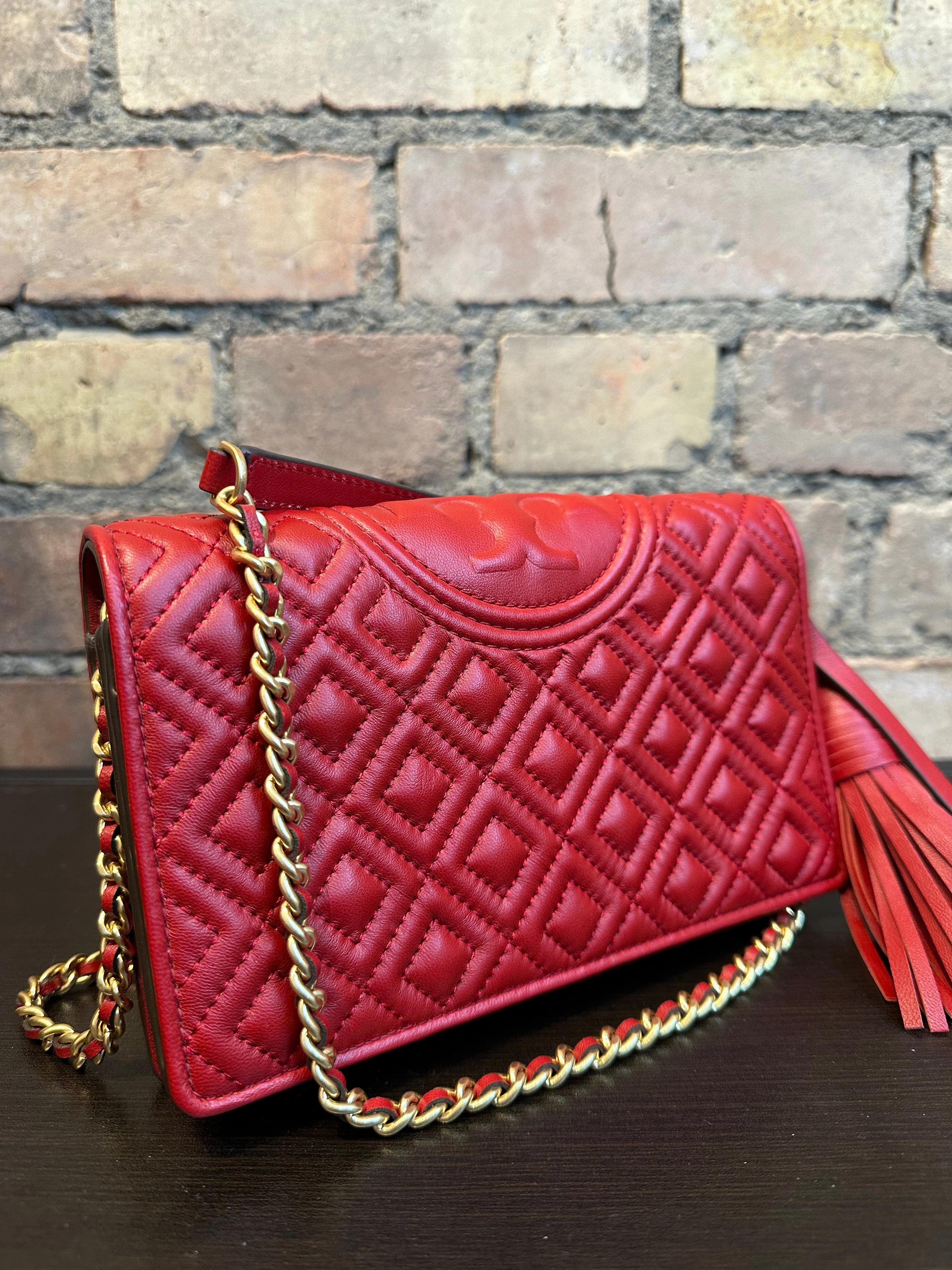Tory Burch Red Textured Leather Wallet on Chain