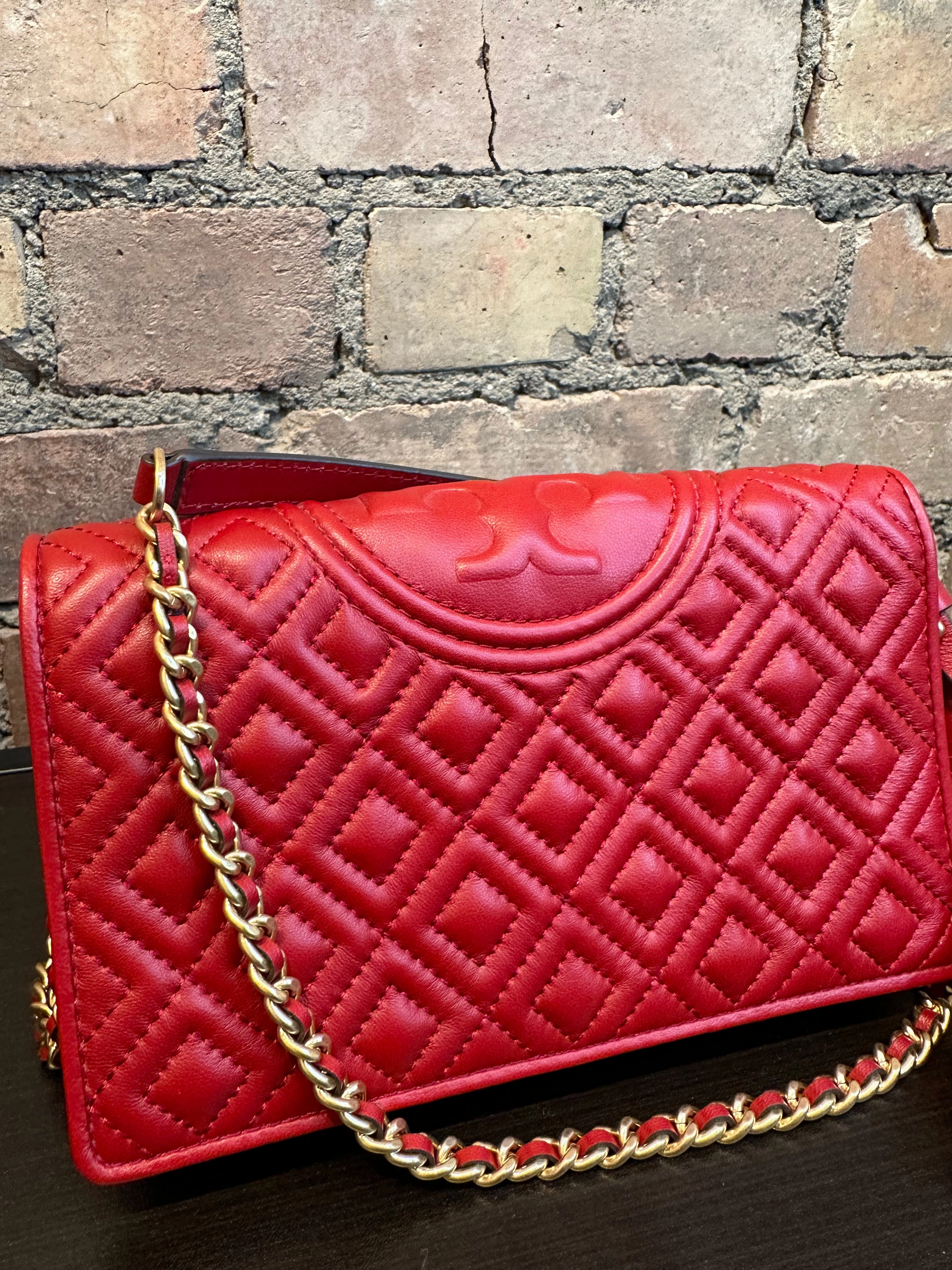 Tory Burch Red Textured Leather Wallet on Chain