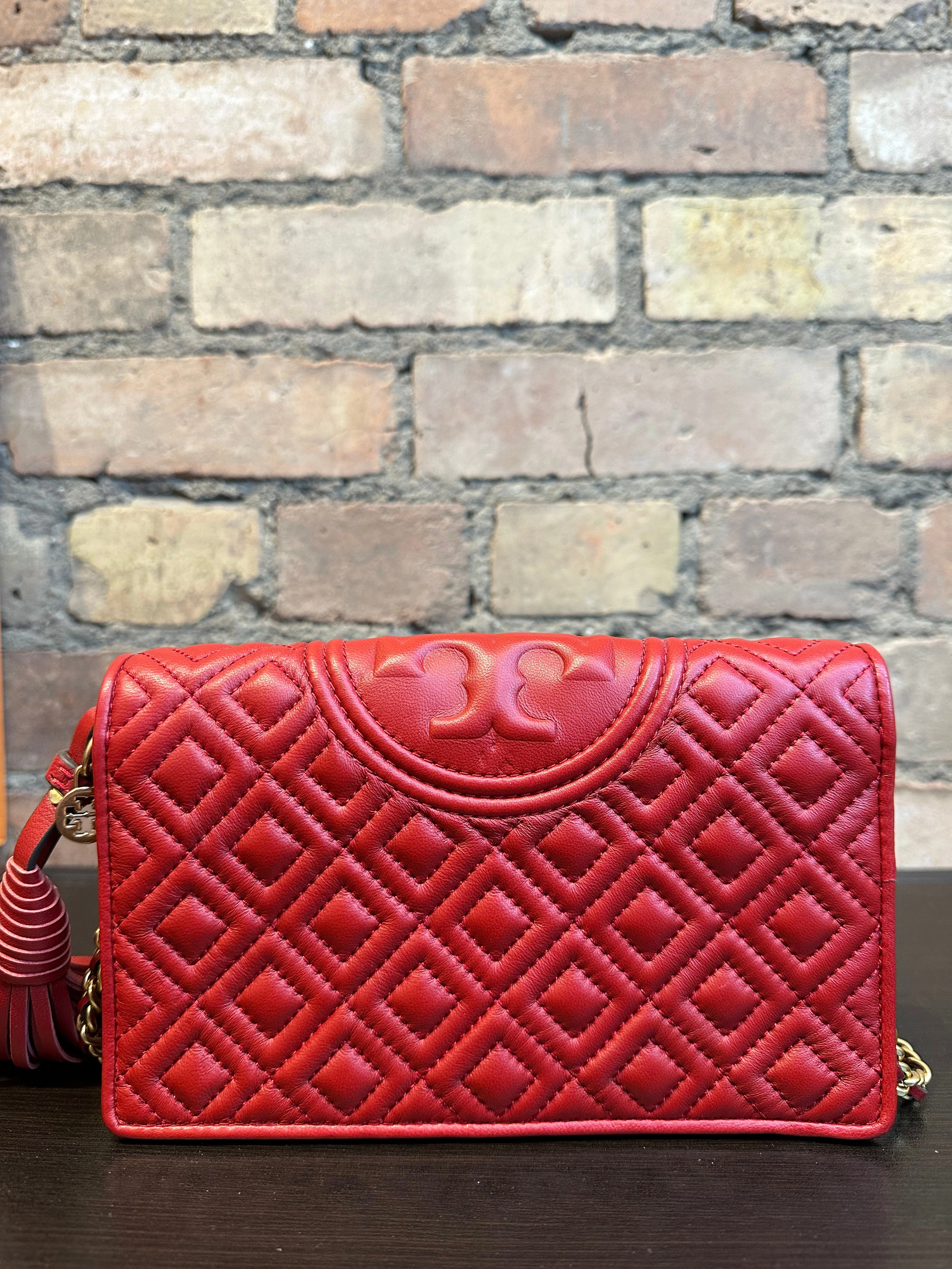 Tory Burch Red Textured Leather Wallet on Chain