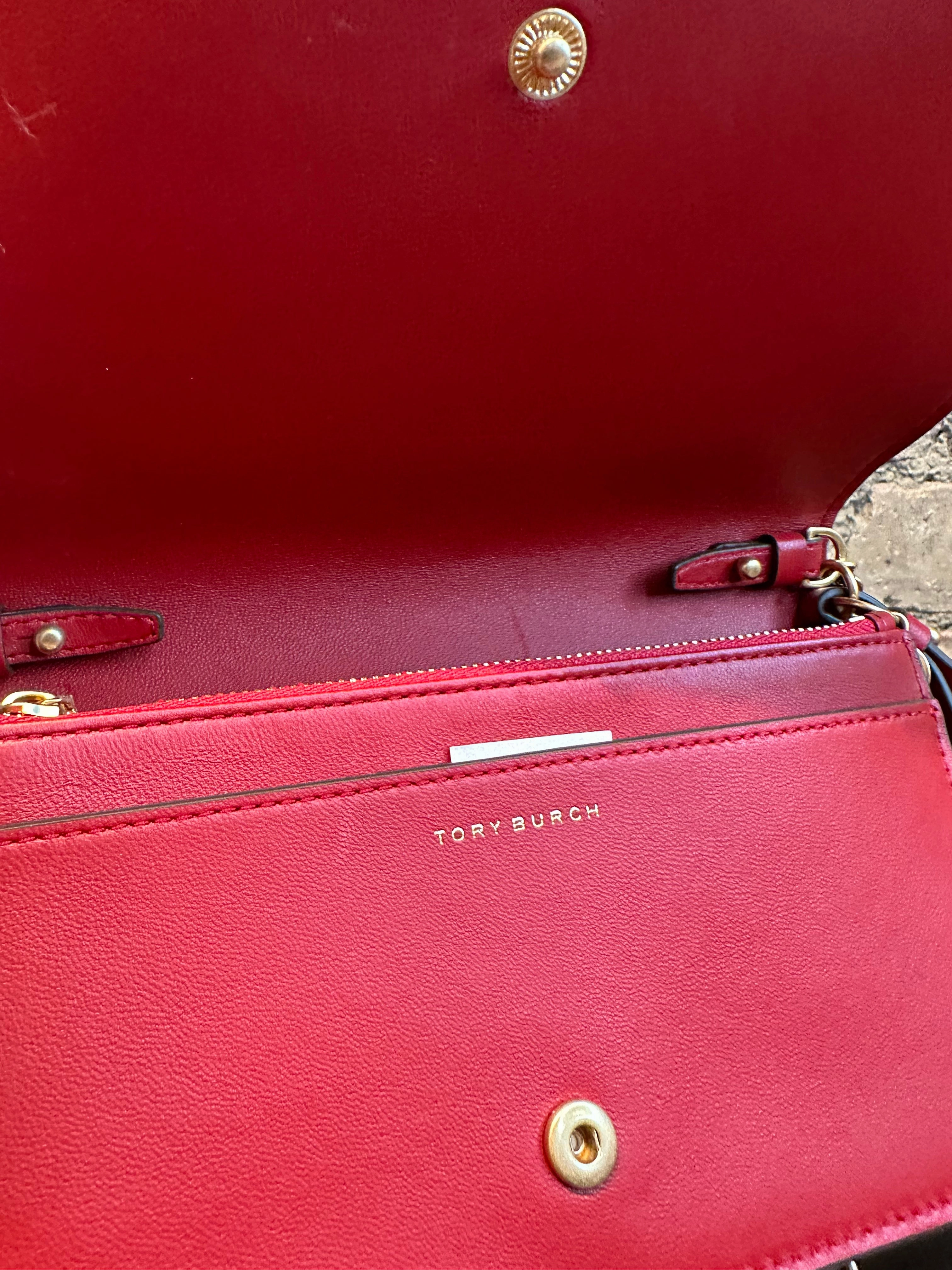 Tory Burch Red Textured Leather Wallet on Chain