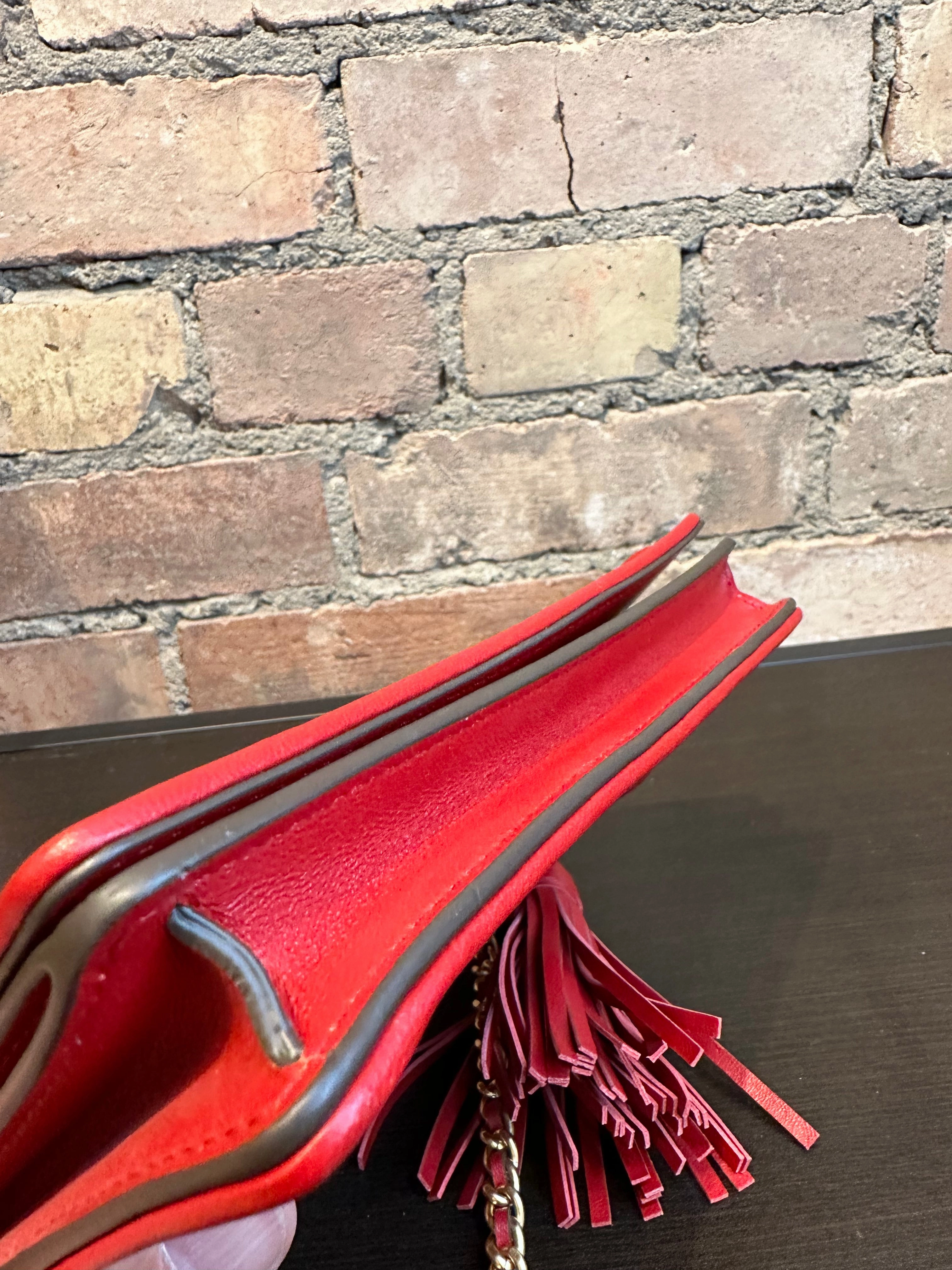 Tory Burch Red Textured Leather Wallet on Chain