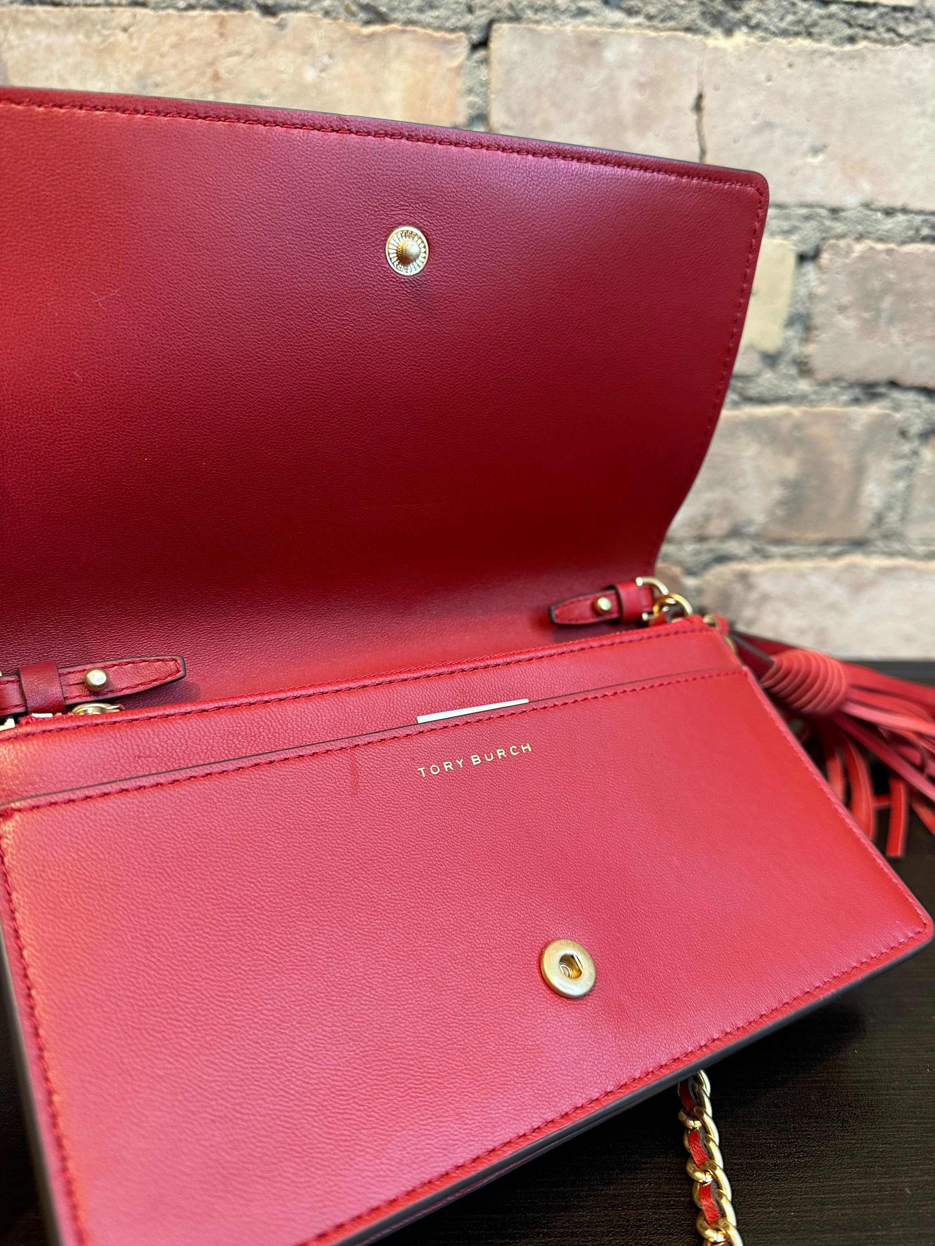 Tory Burch Red Textured Leather Wallet on Chain