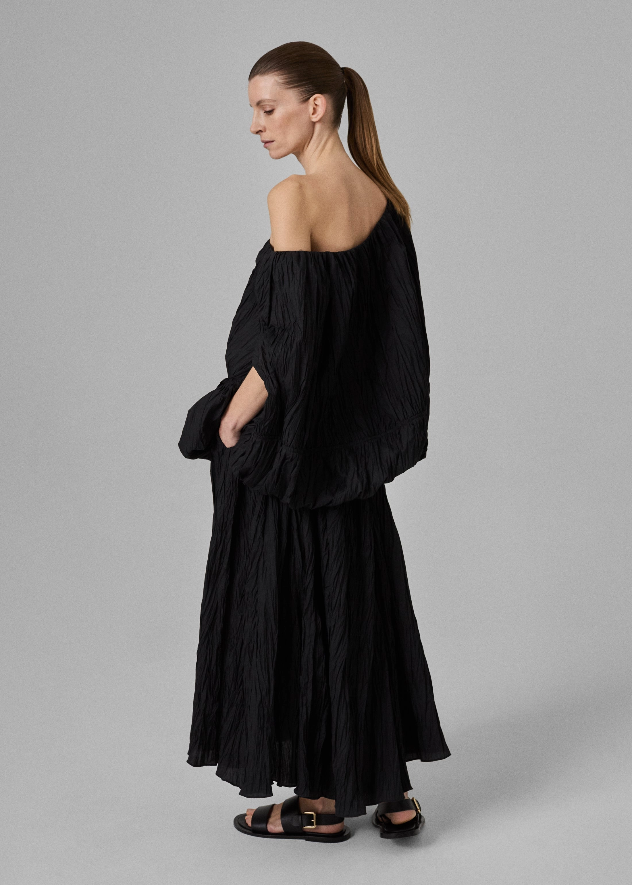 Tulip Off-Shoulder Plissé Top - Black