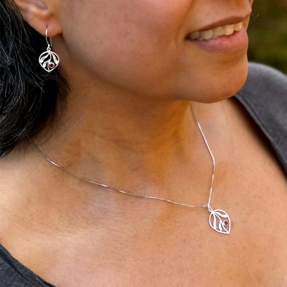 Whispering Leaf Earrings, Garnet - Sterling Silver, Indonesia
