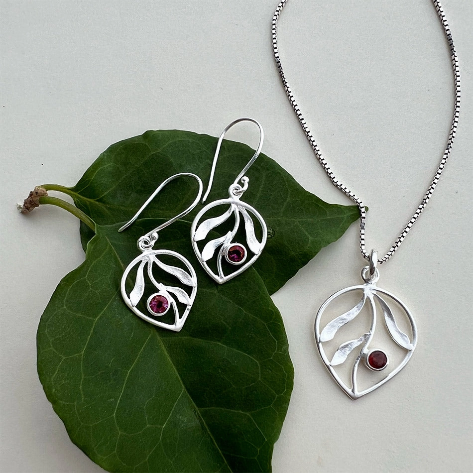 Whispering Leaf Earrings, Garnet - Sterling Silver, Indonesia