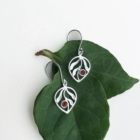Whispering Leaf Earrings, Garnet - Sterling Silver, Indonesia