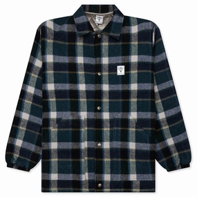Wool Melton Plaid Coach Jacket - Green