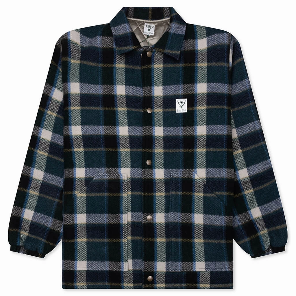Wool Melton Plaid Coach Jacket - Green